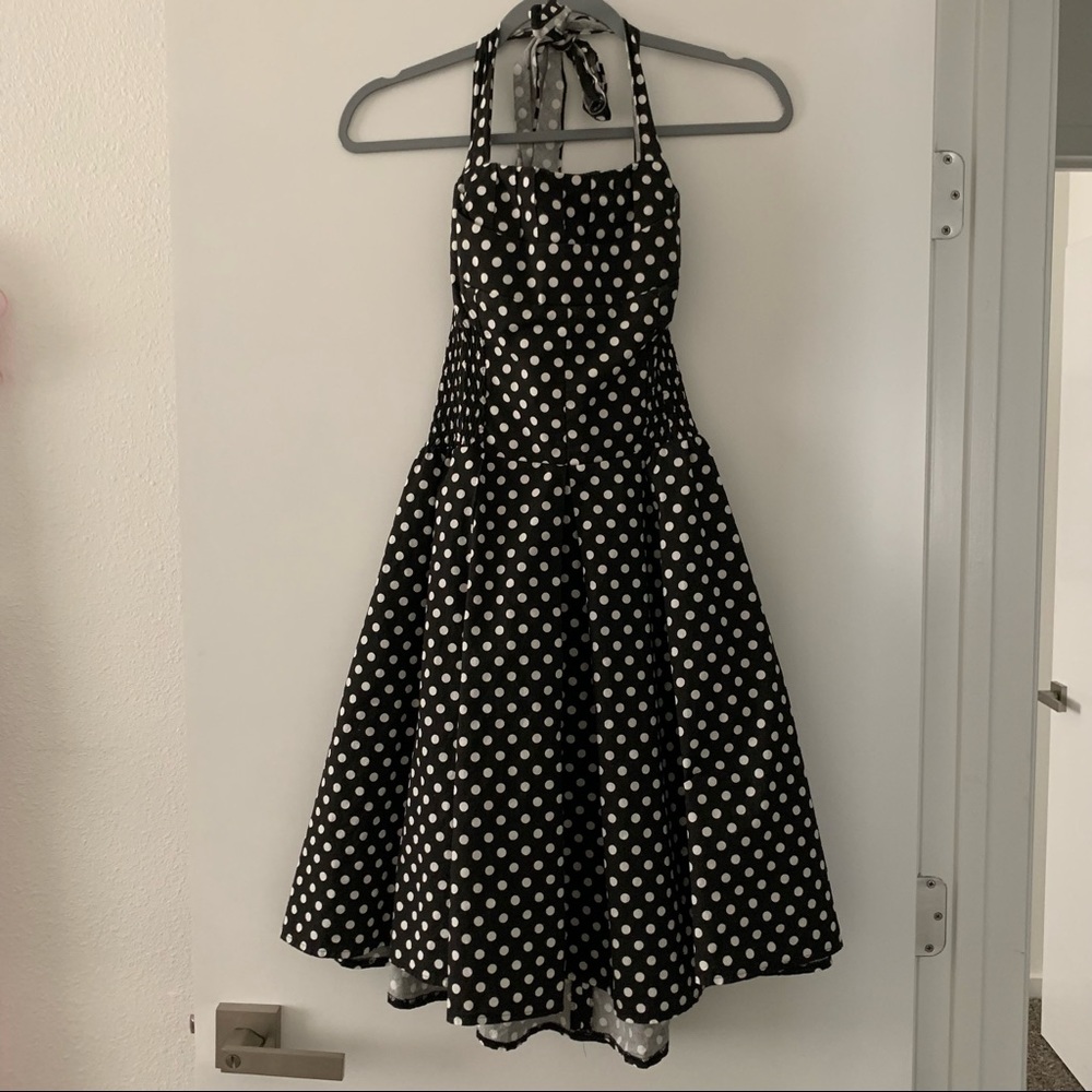 Unique Vintage Black and White Polka Dot 1950s Style Halter Swing Dress